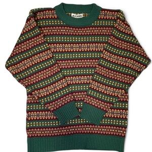Vintage Michel Green Multi-Color Patterned Crewneck Knit Sweater Size S